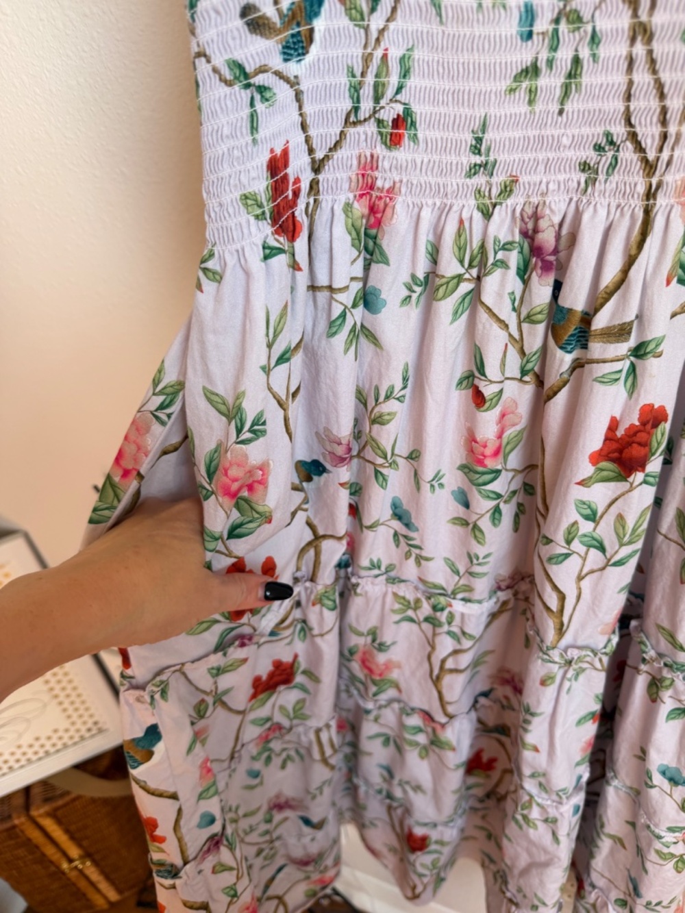 Hill House Home x Diane Hill Ellie Nap Dress Pink Floral Bird Print Smocked Midi - Picture 9 of 11